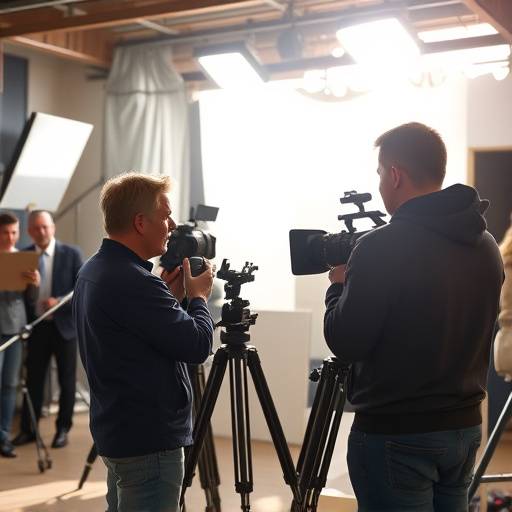 Camera filming a commercial scene with actors and a director