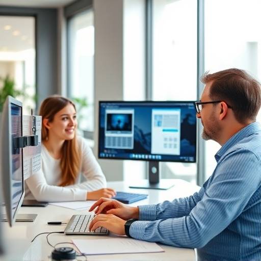 Footage of a training session for 'Global Solutions' employees demonstrating new software.