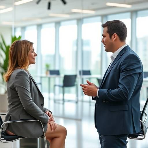 Interview with the CEO of 'Innovate Tech' in a modern office setting.