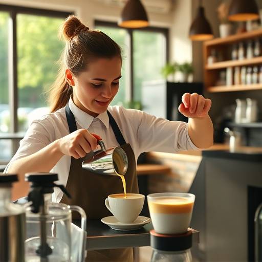 Scene from a commercial video for 'The Daily Grind' coffee shop, featuring a barista pouring latte art.