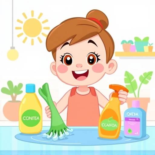Screenshot from an animated explainer video for 'EcoClean' cleaning services, showing a cartoon character using eco-friendly cleaning products.