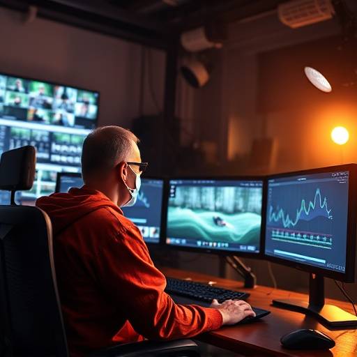 Video editor working at a computer with multiple monitors displaying video footage